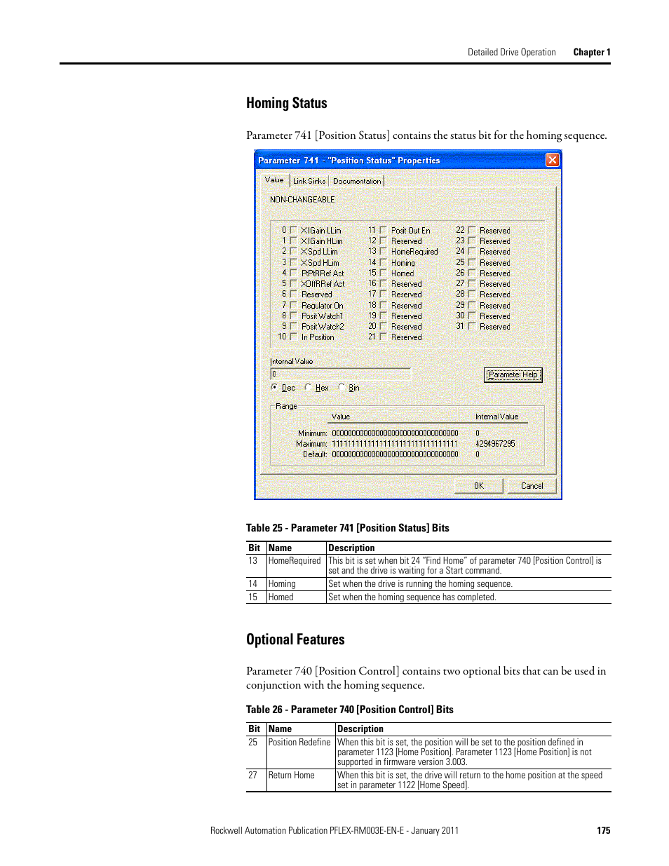 Homing status optional features, Homing status, Optional features | Rockwell Automation 20D PowerFlex 700S AC Drives with Phase II Control Reference Manual User Manual | Page 175 / 218