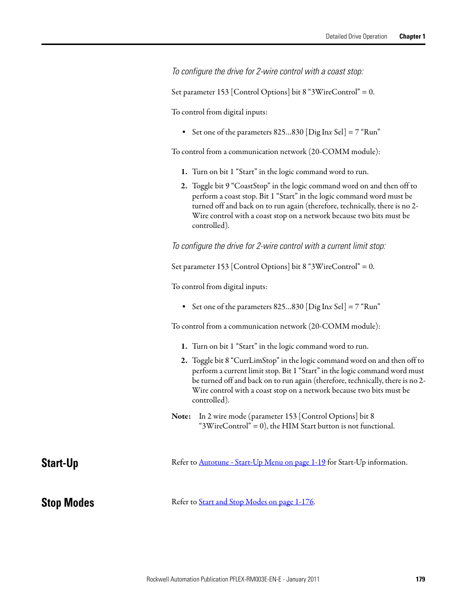 Start-up, Stop modes, Start-up stop modes | Rockwell Automation 20D PowerFlex 700S AC Drives with Phase II Control Reference Manual User Manual | Page 179 / 218