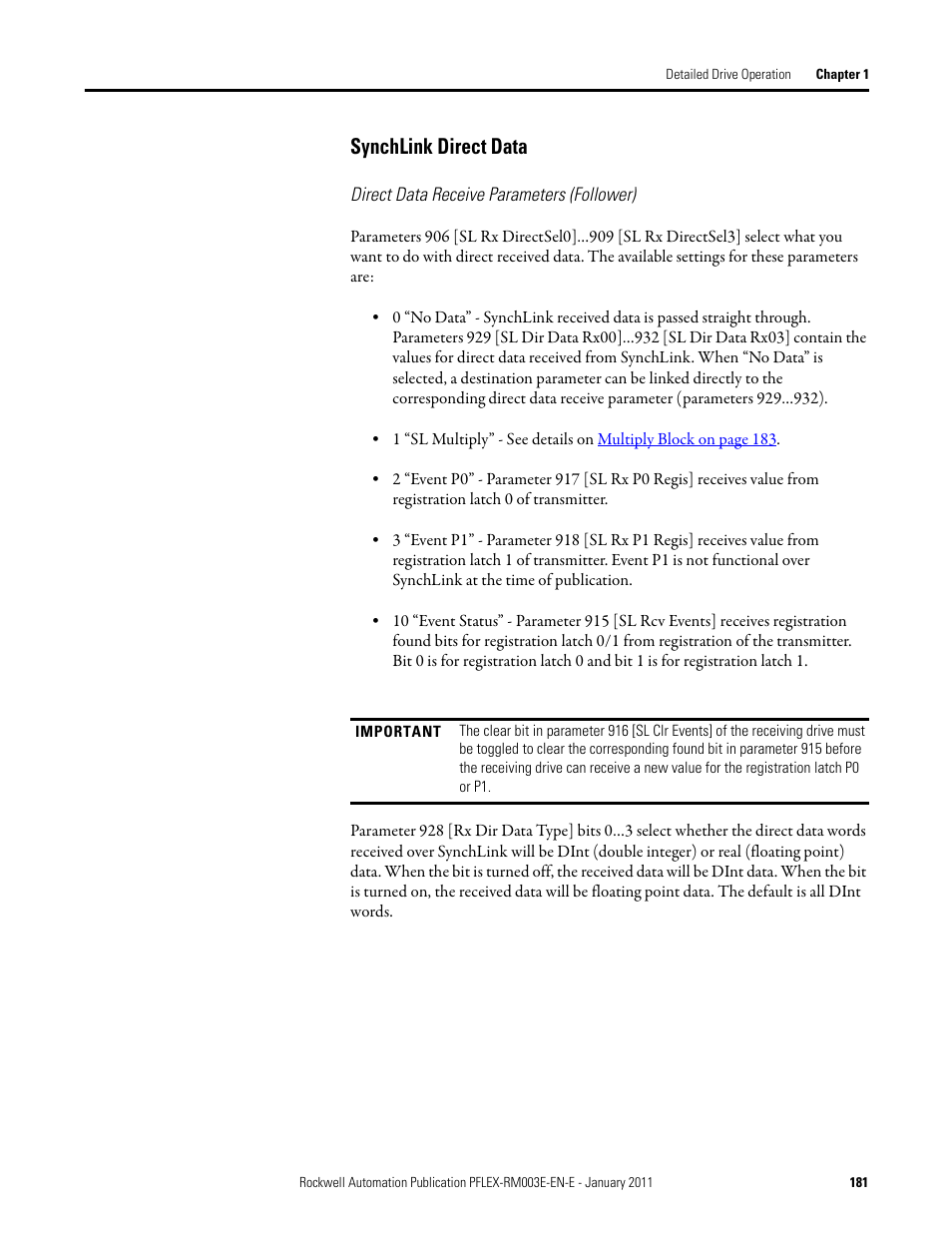 Synchlink direct data | Rockwell Automation 20D PowerFlex 700S AC Drives with Phase II Control Reference Manual User Manual | Page 181 / 218