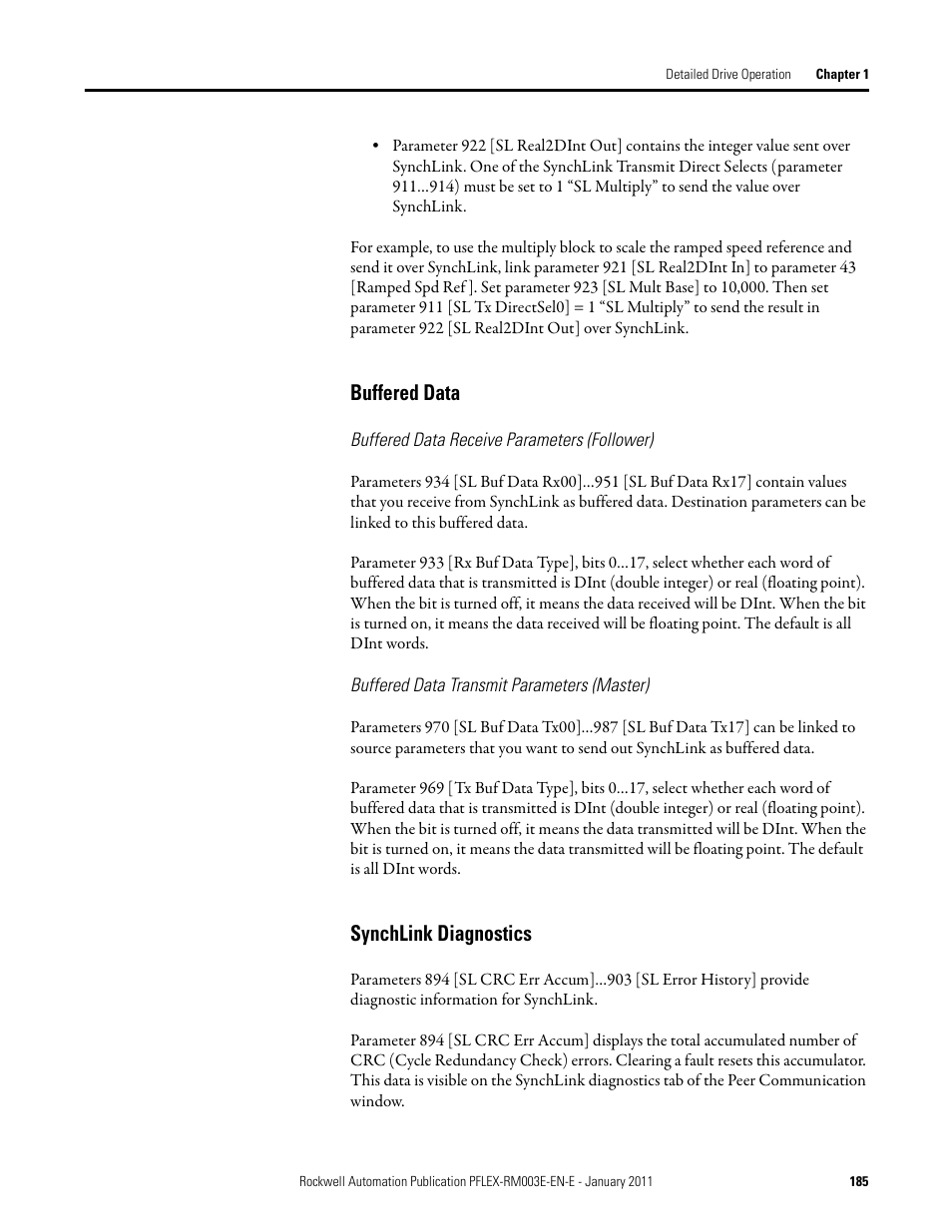 Buffered data synchlink diagnostics, Buffered data, Synchlink diagnostics | Rockwell Automation 20D PowerFlex 700S AC Drives with Phase II Control Reference Manual User Manual | Page 185 / 218