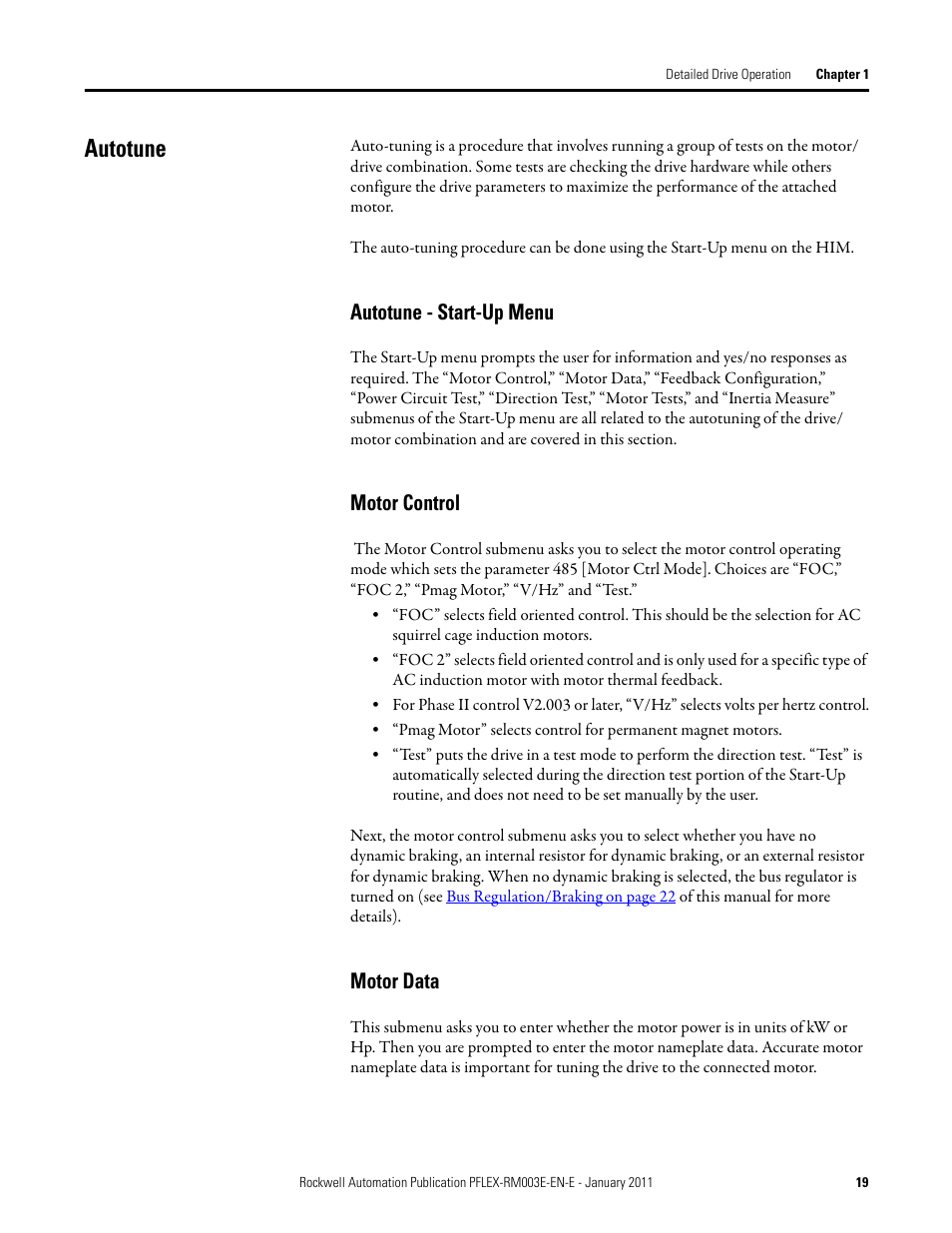 Autotune, Autotune - start-up menu motor control motor data, Autotune - start-up menu | Motor control, Motor data | Rockwell Automation 20D PowerFlex 700S AC Drives with Phase II Control Reference Manual User Manual | Page 19 / 218