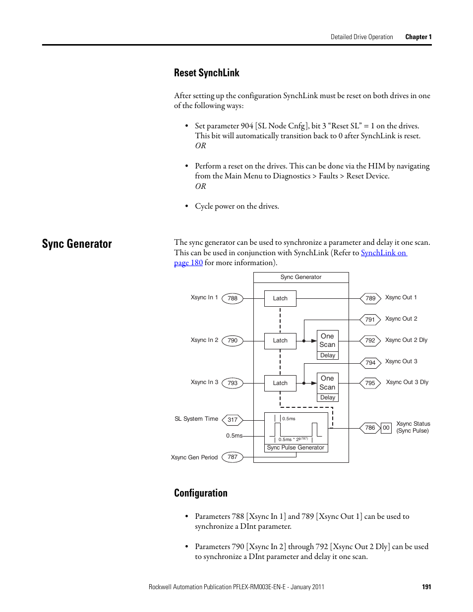 Sync generator, Reset synchlink, Configuration | Rockwell Automation 20D PowerFlex 700S AC Drives with Phase II Control Reference Manual User Manual | Page 191 / 218