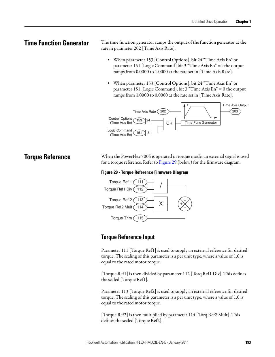 Time function generator, Torque reference, Time function generator torque reference | Torque reference input, For mor, Torque reference on | Rockwell Automation 20D PowerFlex 700S AC Drives with Phase II Control Reference Manual User Manual | Page 193 / 218