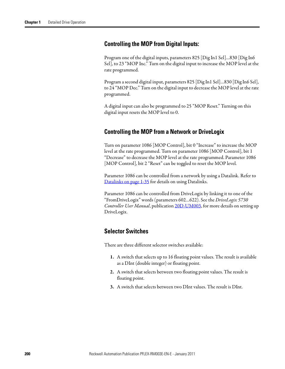 Selector switches, Controlling the mop from digital inputs, Controlling the mop from a network or drivelogix | Rockwell Automation 20D PowerFlex 700S AC Drives with Phase II Control Reference Manual User Manual | Page 200 / 218