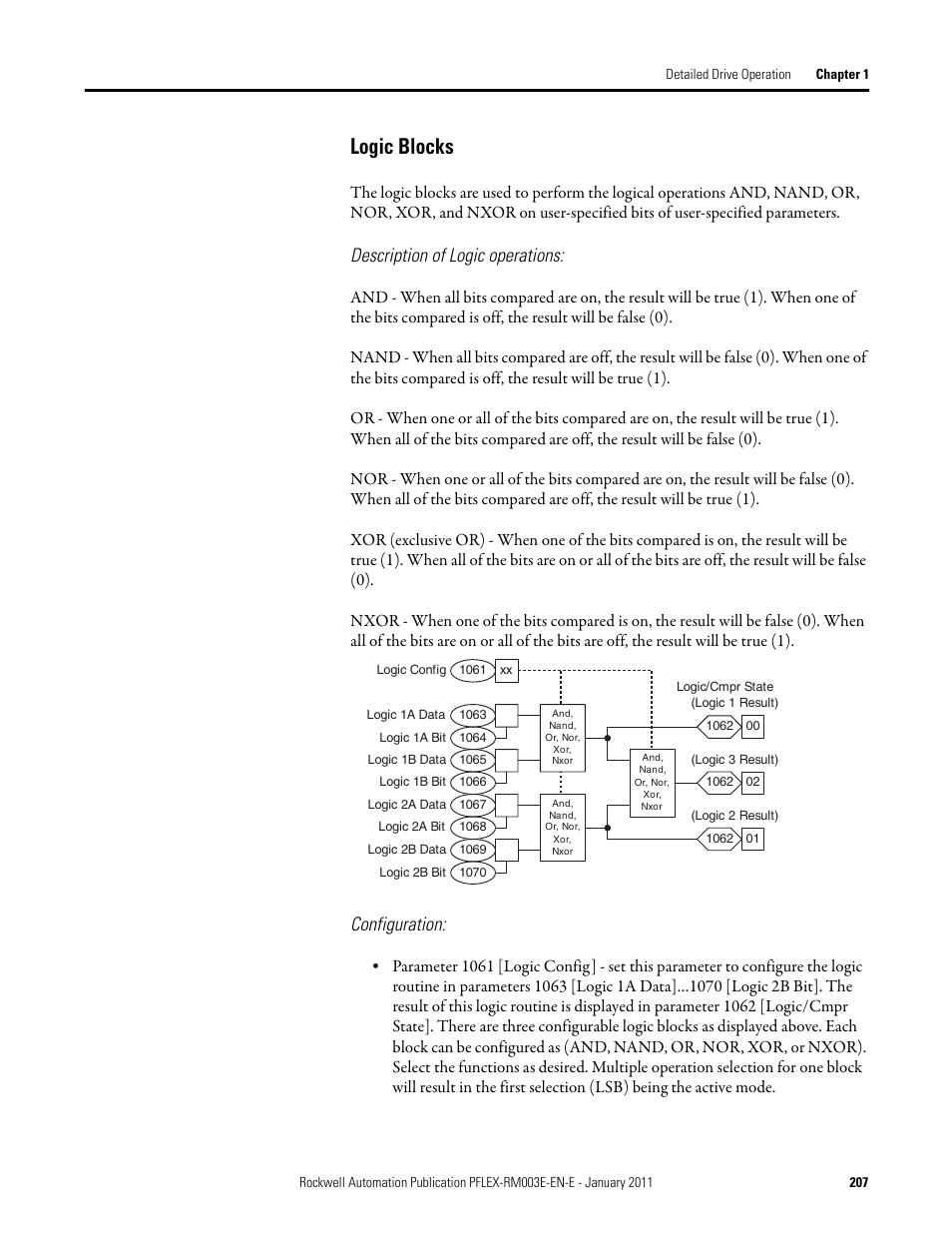 Logic blocks, Description of logic operations, Configuration | Rockwell Automation 20D PowerFlex 700S AC Drives with Phase II Control Reference Manual User Manual | Page 207 / 218