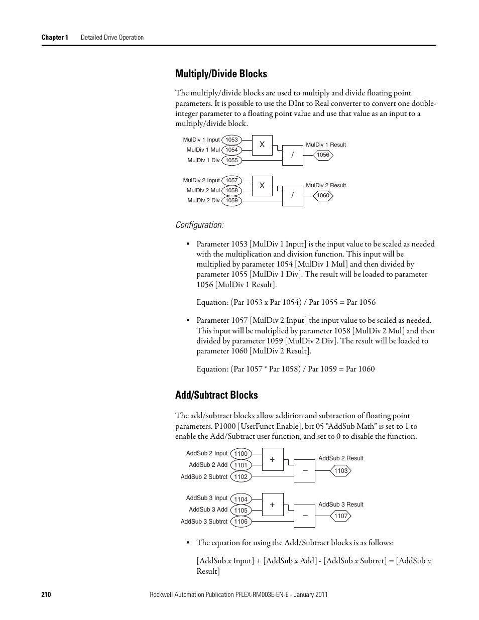 Multiply/divide blocks add/subtract blocks, Multiply/divide, Multiply/divide blocks | Add/subtract blocks, Configuration | Rockwell Automation 20D PowerFlex 700S AC Drives with Phase II Control Reference Manual User Manual | Page 210 / 218