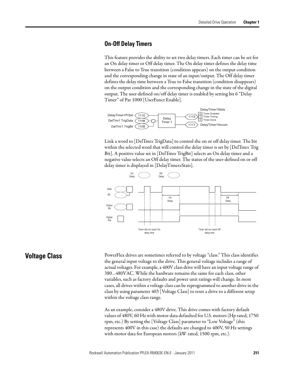 Voltage class, On-off delay timers | Rockwell Automation 20D PowerFlex 700S AC Drives with Phase II Control Reference Manual User Manual | Page 211 / 218