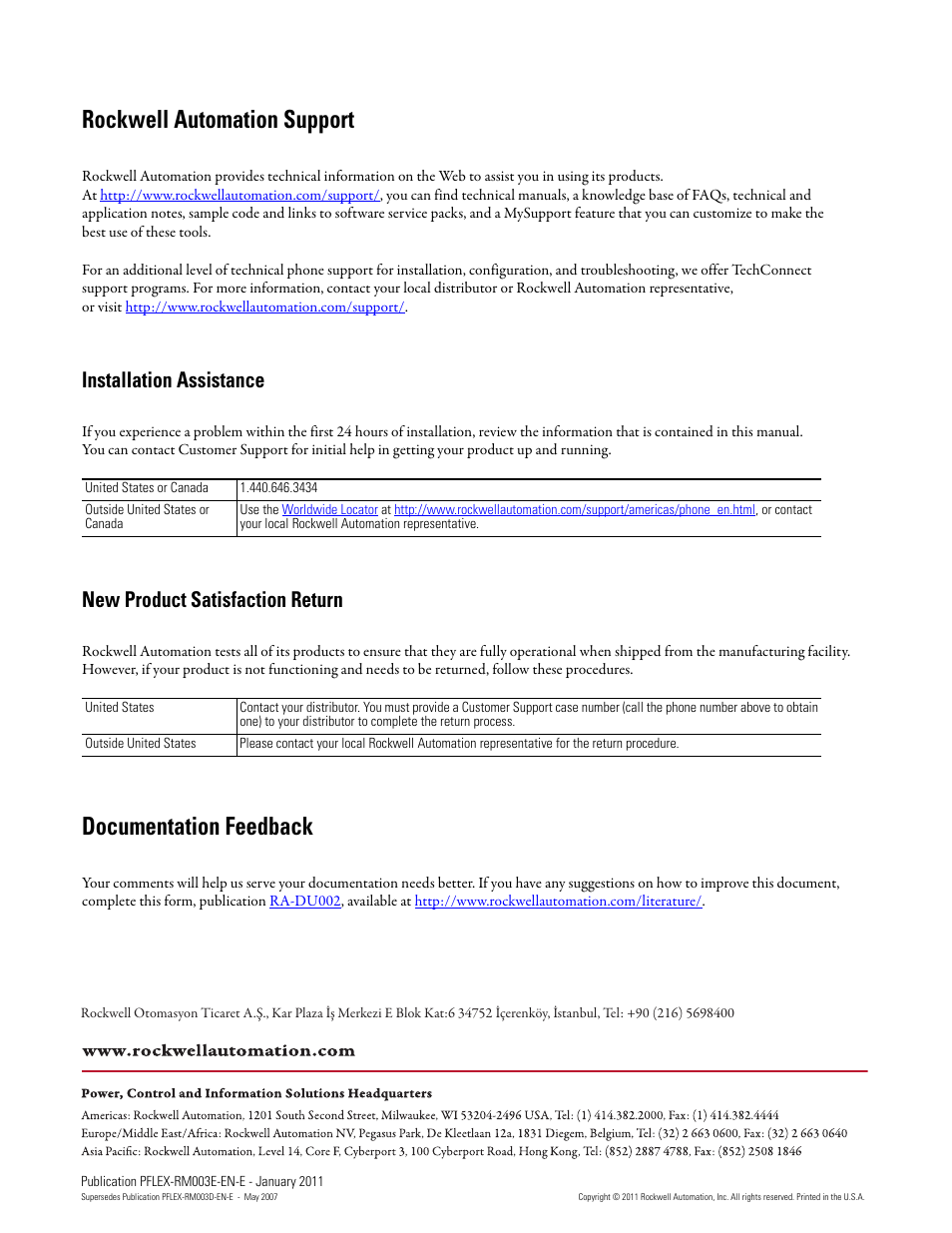 Publication pflex-rm003e-en-e - january 2011, Rockwell automation support, Documentation feedback | Installation assistance, New product satisfaction return | Rockwell Automation 20D PowerFlex 700S AC Drives with Phase II Control Reference Manual User Manual | Page 218 / 218