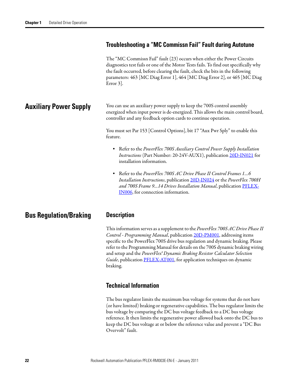 Auxiliary power supply, Bus regulation/braking, Auxiliary power supply bus regulation/braking | Description technical information, Description, Technical information | Rockwell Automation 20D PowerFlex 700S AC Drives with Phase II Control Reference Manual User Manual | Page 22 / 218