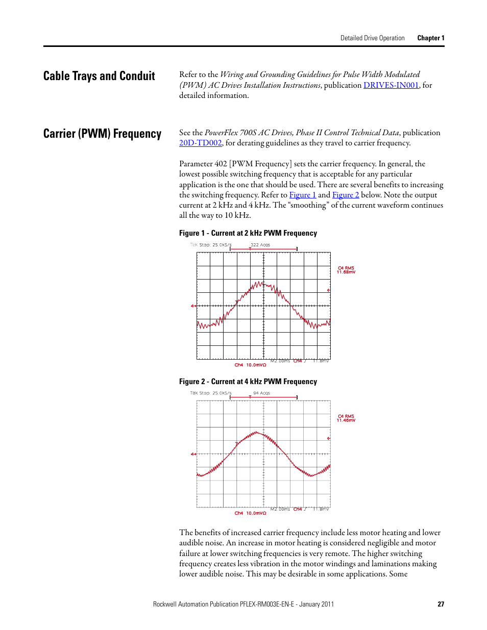 Cable trays and conduit, Carrier (pwm) frequency, Cable trays and conduit carrier (pwm) frequency | Rockwell Automation 20D PowerFlex 700S AC Drives with Phase II Control Reference Manual User Manual | Page 27 / 218