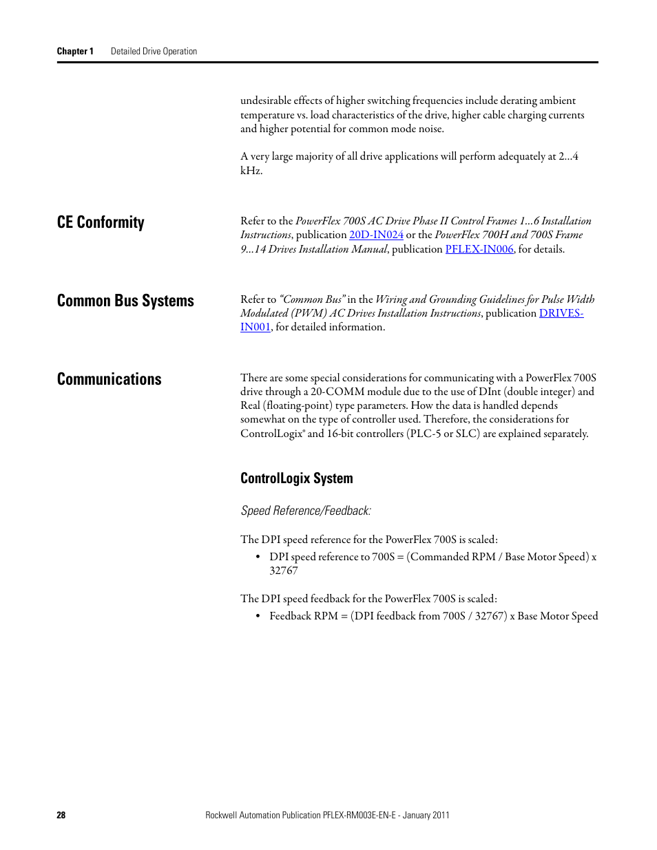 Ce conformity, Common bus systems, Communications | Ce conformity common bus systems communications, Controllogix system | Rockwell Automation 20D PowerFlex 700S AC Drives with Phase II Control Reference Manual User Manual | Page 28 / 218