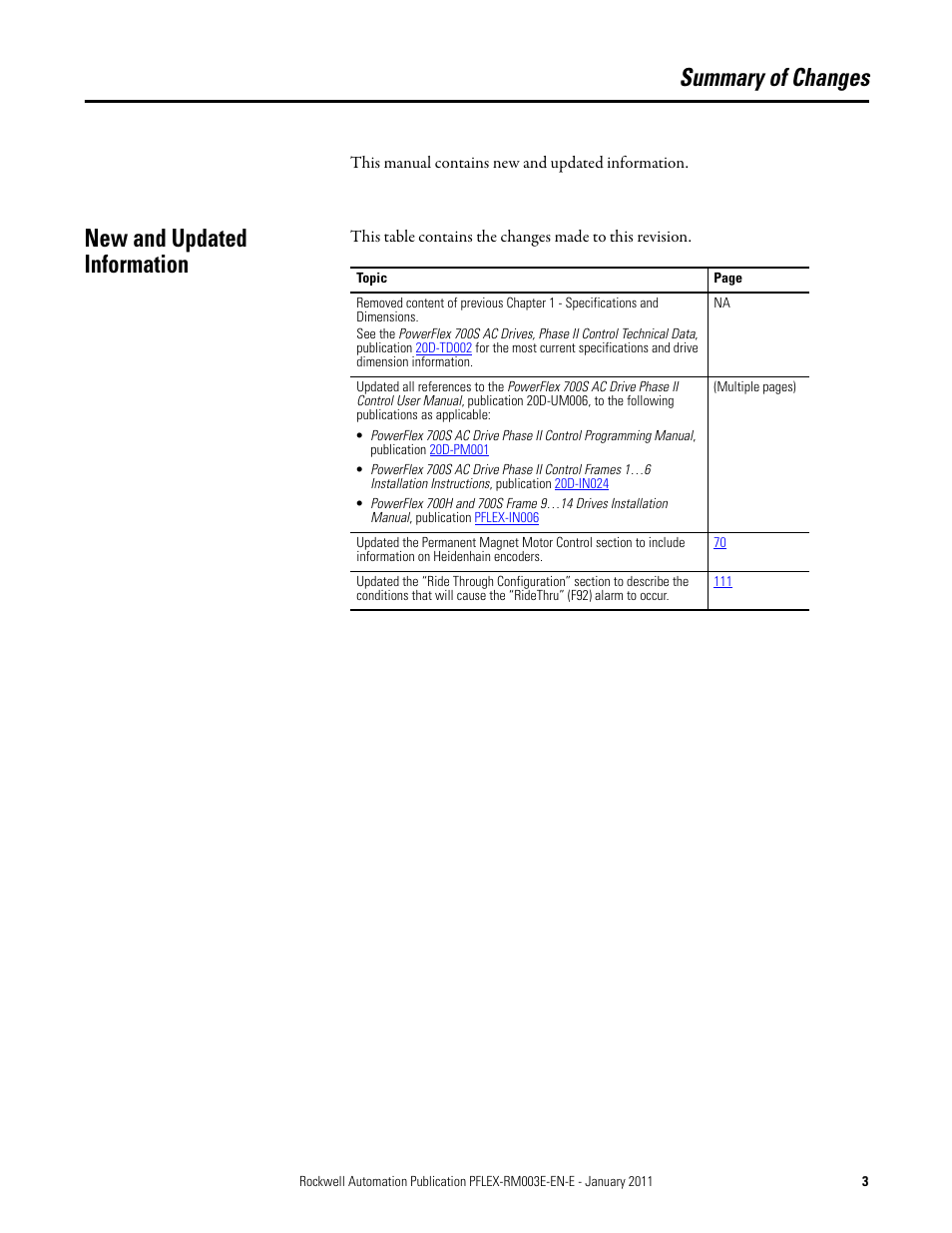 Summary of changes, New and updated information | Rockwell Automation 20D PowerFlex 700S AC Drives with Phase II Control Reference Manual User Manual | Page 3 / 218