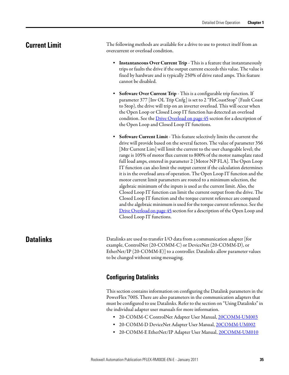 Current limit, Datalinks, Current limit datalinks | Configuring datalinks | Rockwell Automation 20D PowerFlex 700S AC Drives with Phase II Control Reference Manual User Manual | Page 35 / 218