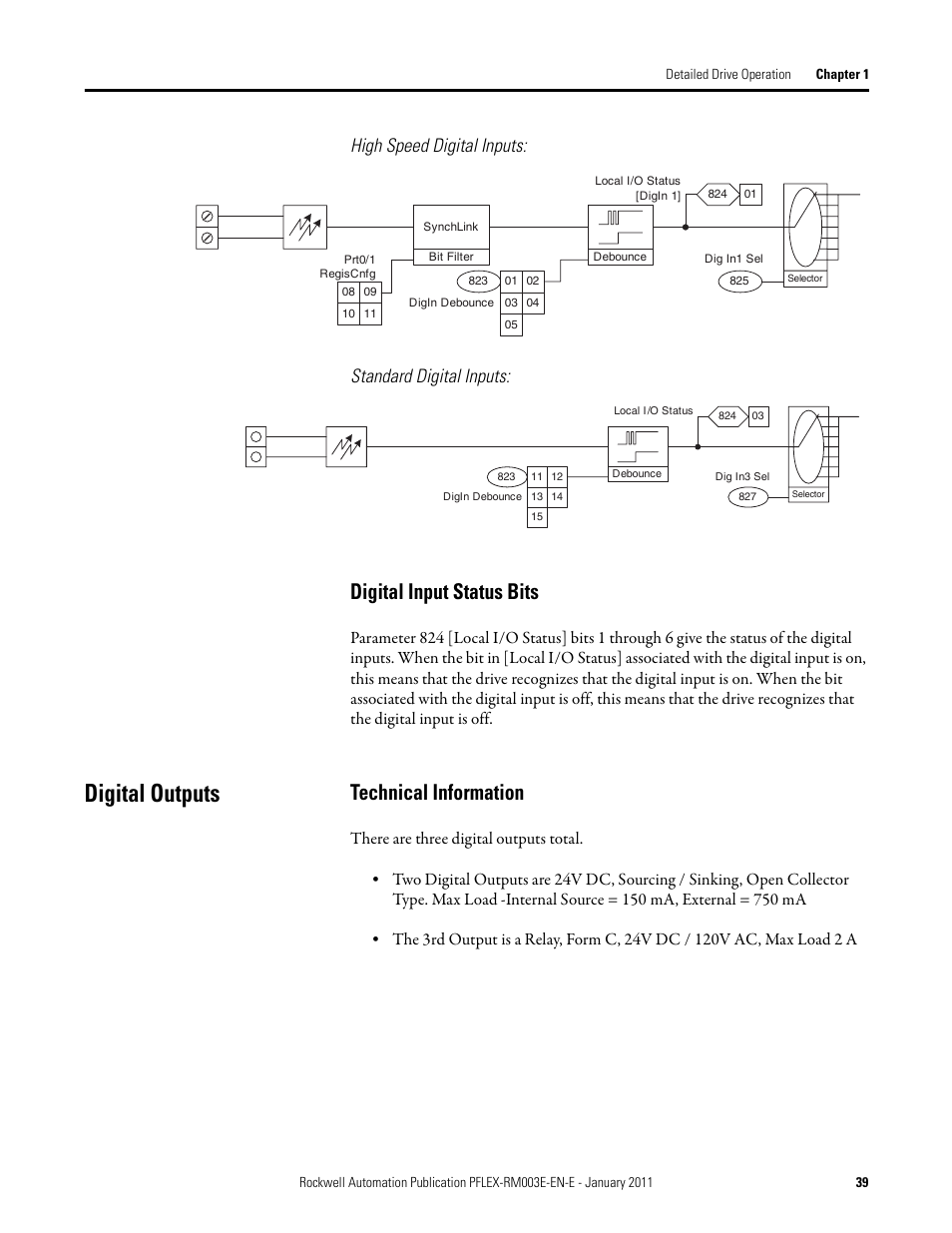 Digital outputs, Digital input status bits, Technical information | High speed digital inputs: standard digital inputs | Rockwell Automation 20D PowerFlex 700S AC Drives with Phase II Control Reference Manual User Manual | Page 39 / 218