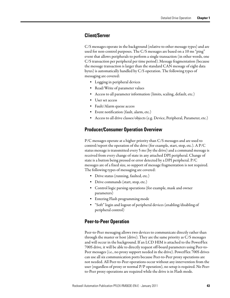 Client/server, Producer/consumer operation overview, Peer-to-peer operation | Rockwell Automation 20D PowerFlex 700S AC Drives with Phase II Control Reference Manual User Manual | Page 43 / 218