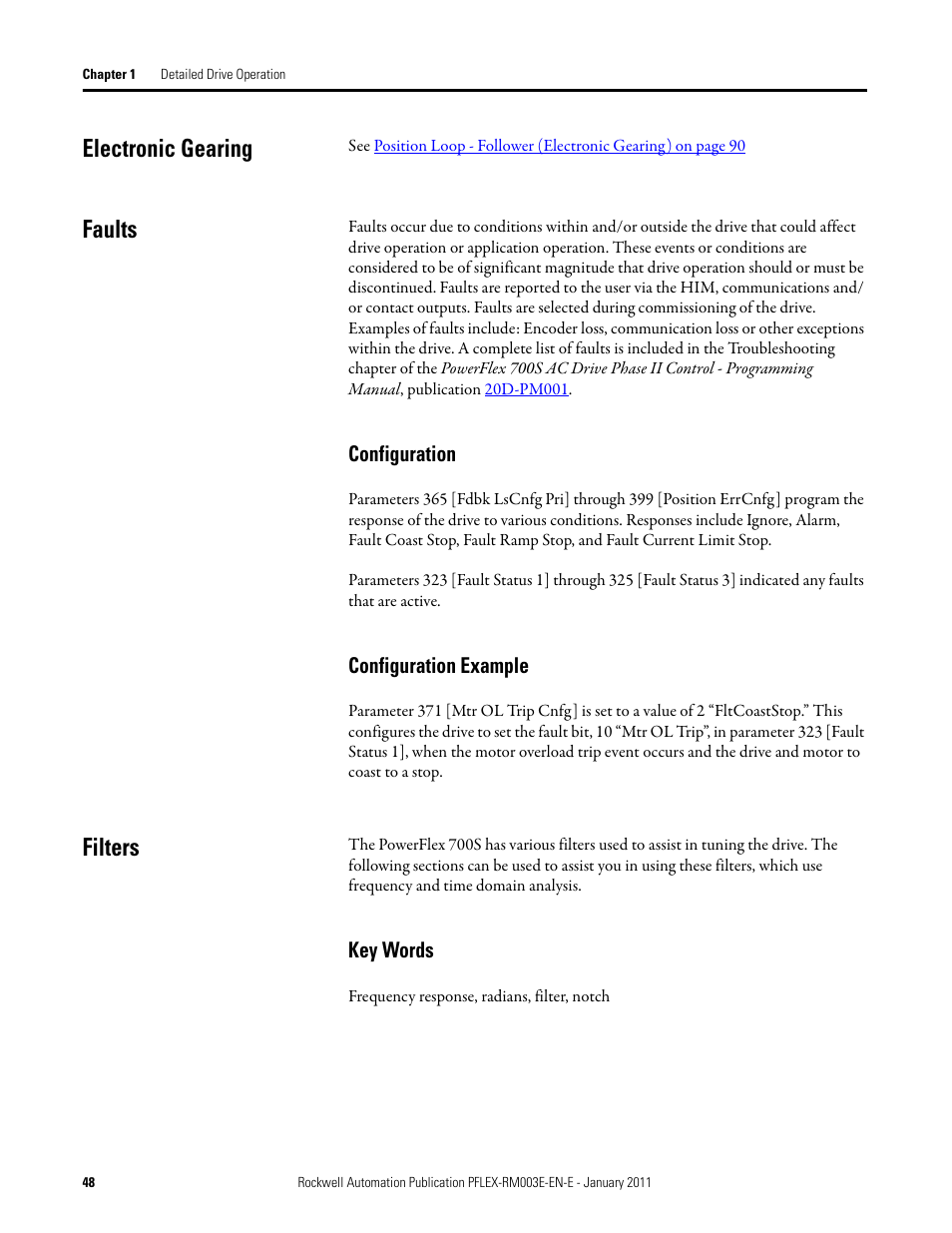 Electronic gearing, Faults, Filters | Electronic gearing faults, Configuration configuration example, Key words | Rockwell Automation 20D PowerFlex 700S AC Drives with Phase II Control Reference Manual User Manual | Page 48 / 218