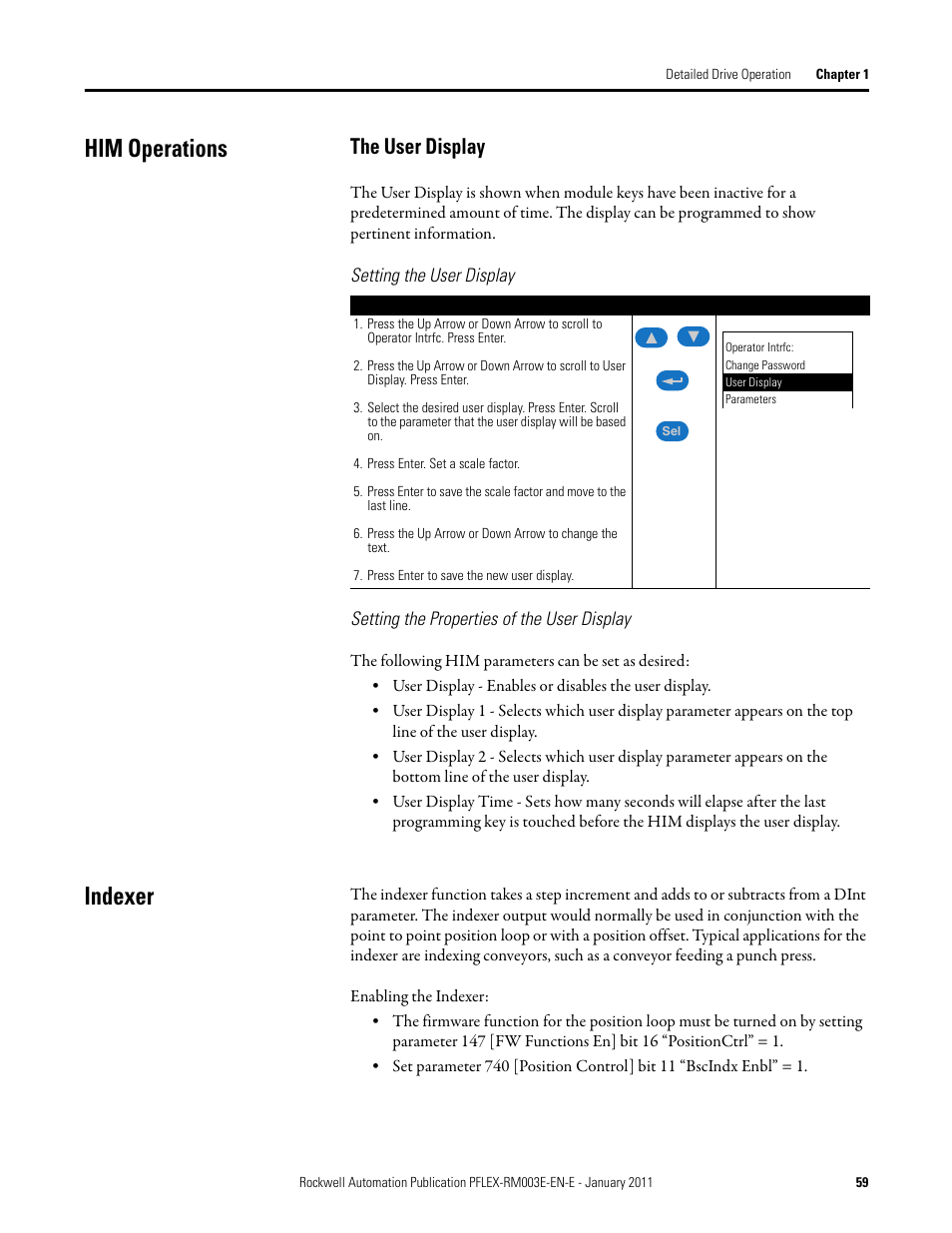 Him operations, Indexer, The user display | Rockwell Automation 20D PowerFlex 700S AC Drives with Phase II Control Reference Manual User Manual | Page 59 / 218
