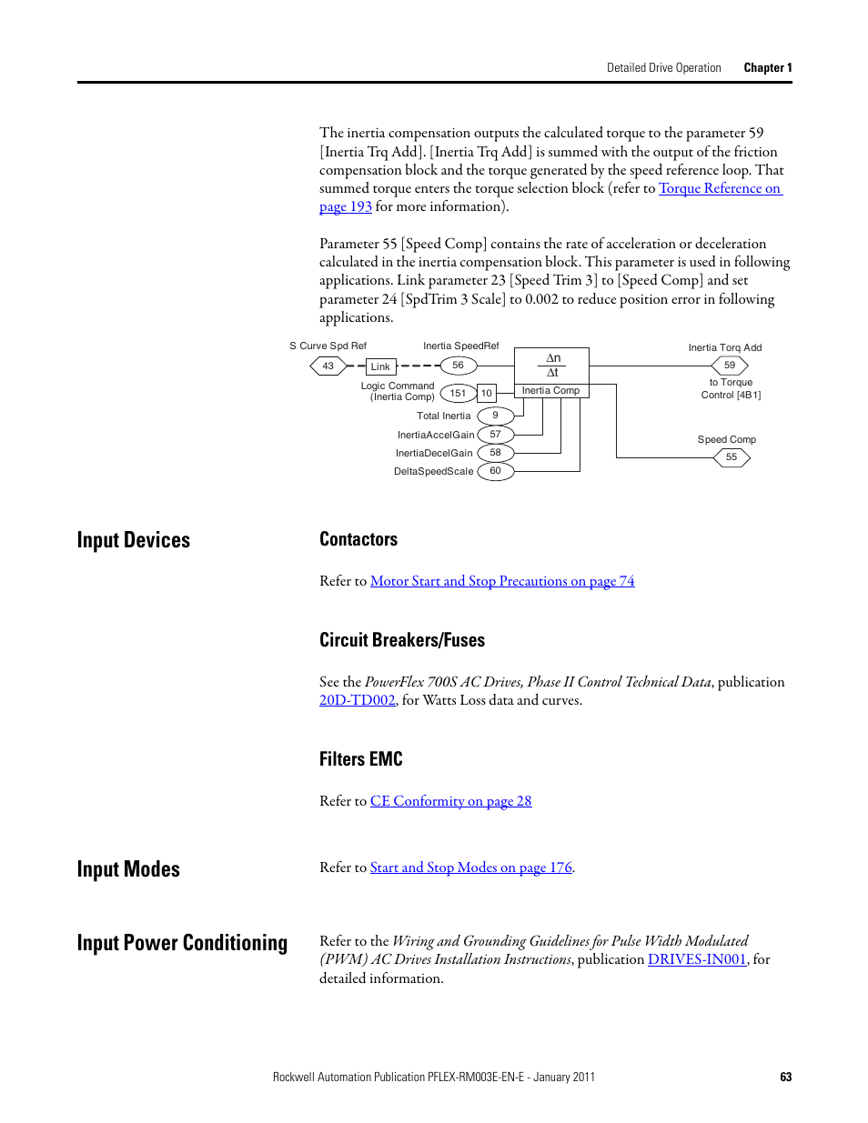 Input devices, Input modes, Input power conditioning | Contactors circuit breakers/fuses filters emc, Input modes input power conditioning, Contactors, Circuit breakers/fuses, Filters emc | Rockwell Automation 20D PowerFlex 700S AC Drives with Phase II Control Reference Manual User Manual | Page 63 / 218