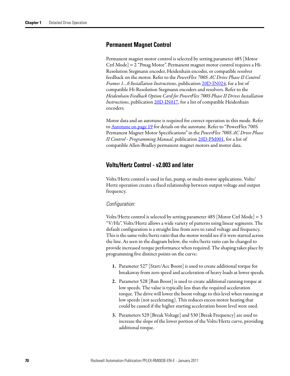 Permanent magnet control, Volts/hertz control - v2.003 and later | Rockwell Automation 20D PowerFlex 700S AC Drives with Phase II Control Reference Manual User Manual | Page 70 / 218