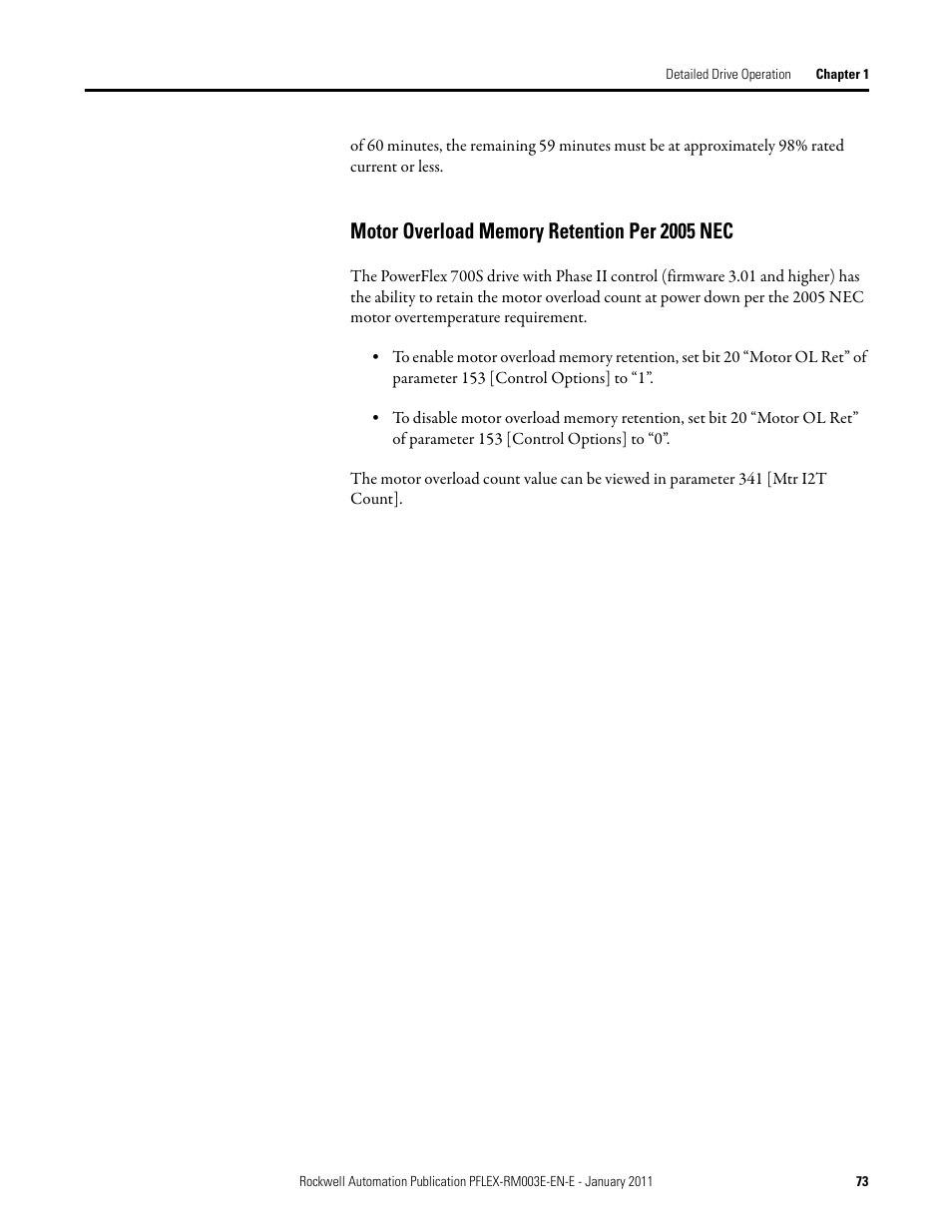 Motor overload memory retention per 2005 nec | Rockwell Automation 20D PowerFlex 700S AC Drives with Phase II Control Reference Manual User Manual | Page 73 / 218