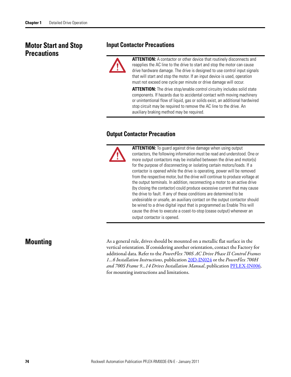 Motor start and stop precautions, Mounting | Rockwell Automation 20D PowerFlex 700S AC Drives with Phase II Control Reference Manual User Manual | Page 74 / 218