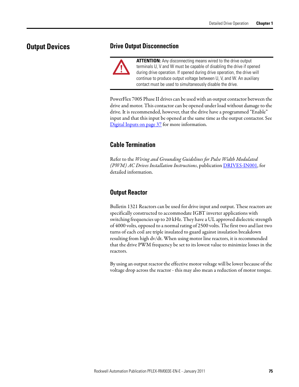 Output devices, Drive output disconnection, Cable termination | Output reactor | Rockwell Automation 20D PowerFlex 700S AC Drives with Phase II Control Reference Manual User Manual | Page 75 / 218