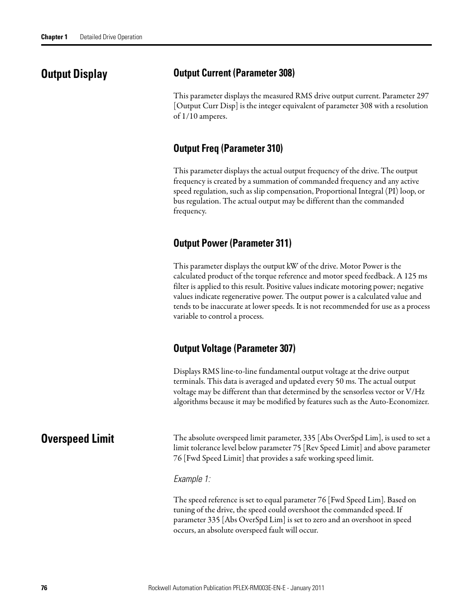 Output display, Overspeed limit | Rockwell Automation 20D PowerFlex 700S AC Drives with Phase II Control Reference Manual User Manual | Page 76 / 218