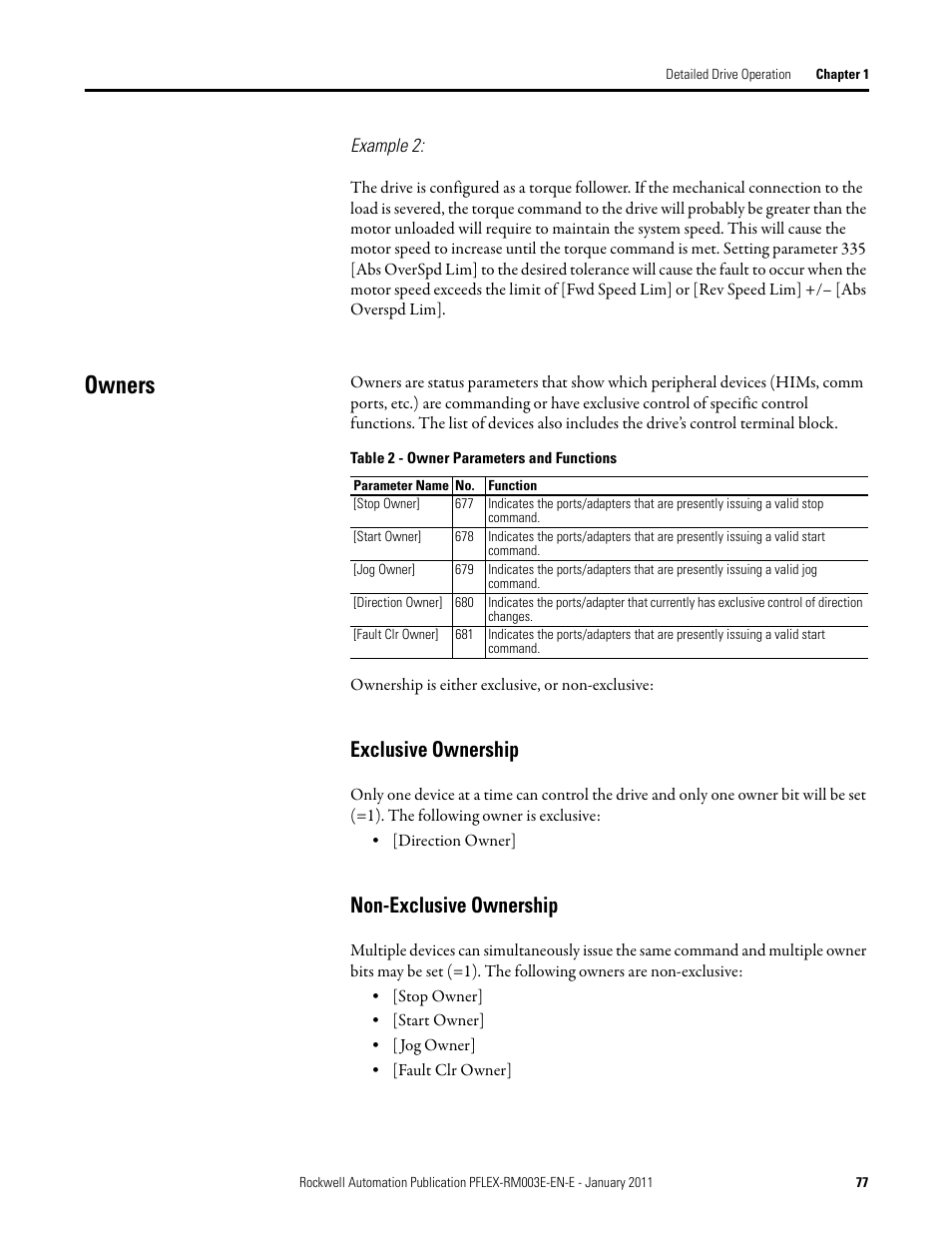 Owners, Exclusive ownership non-exclusive ownership, Later in t | Exclusive ownership, Non-exclusive ownership | Rockwell Automation 20D PowerFlex 700S AC Drives with Phase II Control Reference Manual User Manual | Page 77 / 218