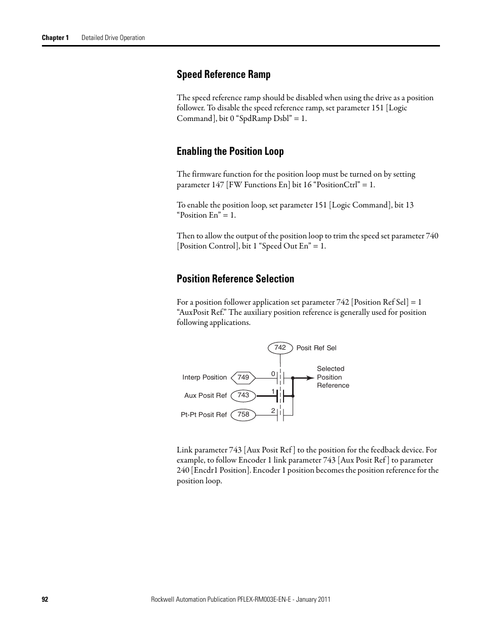 Speed reference ramp, Enabling the position loop, Position reference selection | Rockwell Automation 20D PowerFlex 700S AC Drives with Phase II Control Reference Manual User Manual | Page 92 / 218