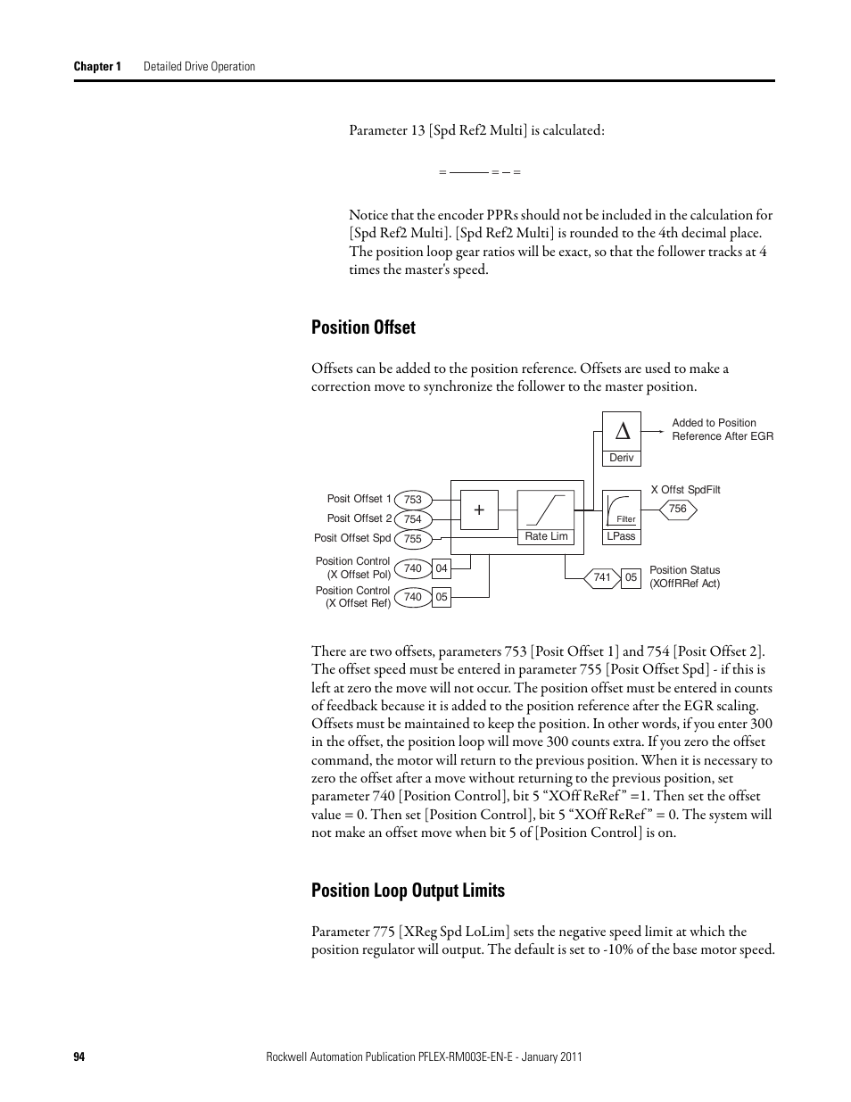 Position offset position loop output limits, Position offset, Position loop output limits | Rockwell Automation 20D PowerFlex 700S AC Drives with Phase II Control Reference Manual User Manual | Page 94 / 218