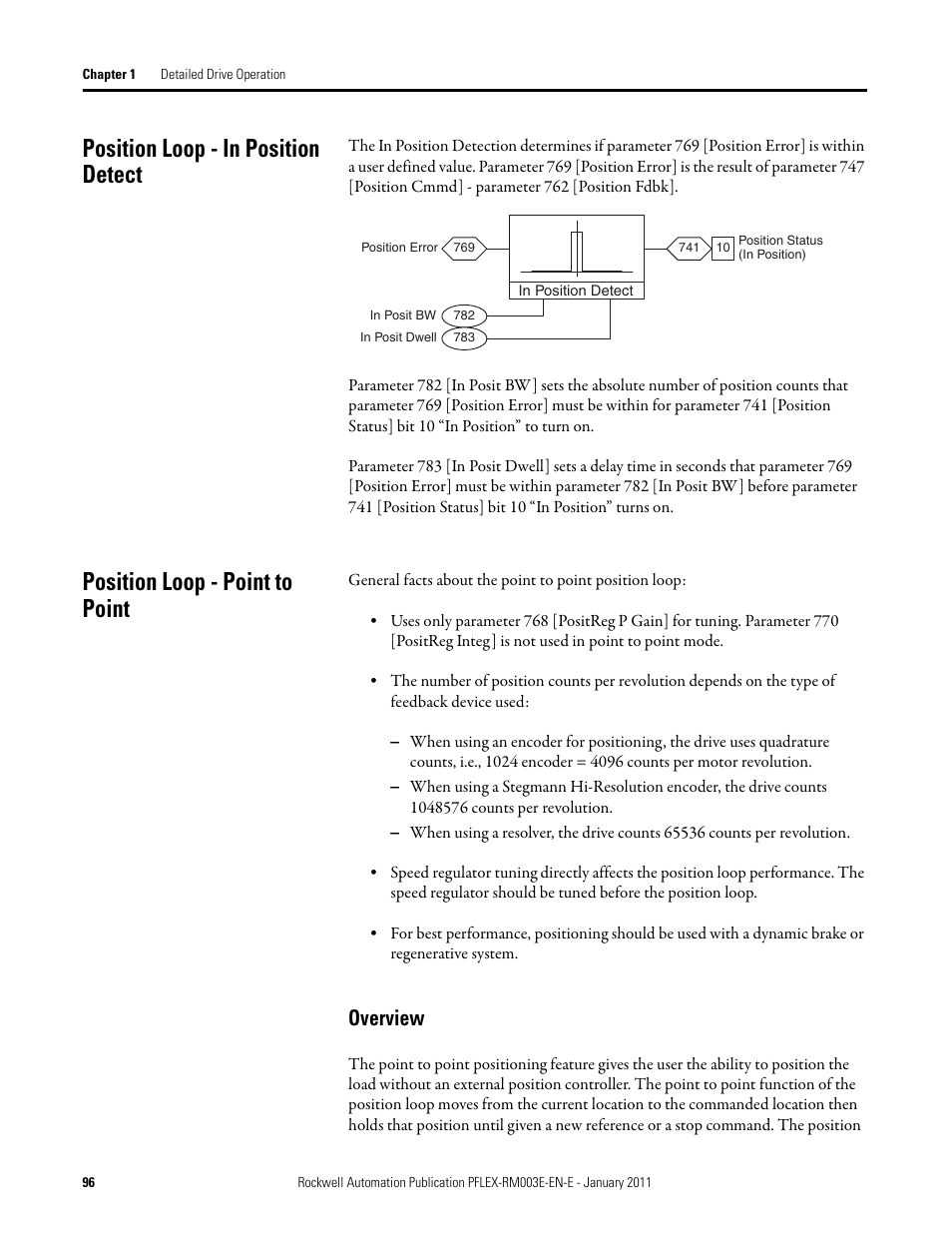 Position loop - in position detect, Position loop - point to point, Overview | Rockwell Automation 20D PowerFlex 700S AC Drives with Phase II Control Reference Manual User Manual | Page 96 / 218