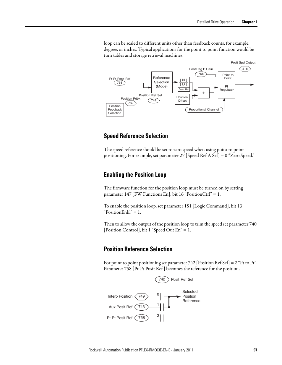 Speed reference selection, Enabling the position loop, Position reference selection | Rockwell Automation 20D PowerFlex 700S AC Drives with Phase II Control Reference Manual User Manual | Page 97 / 218
