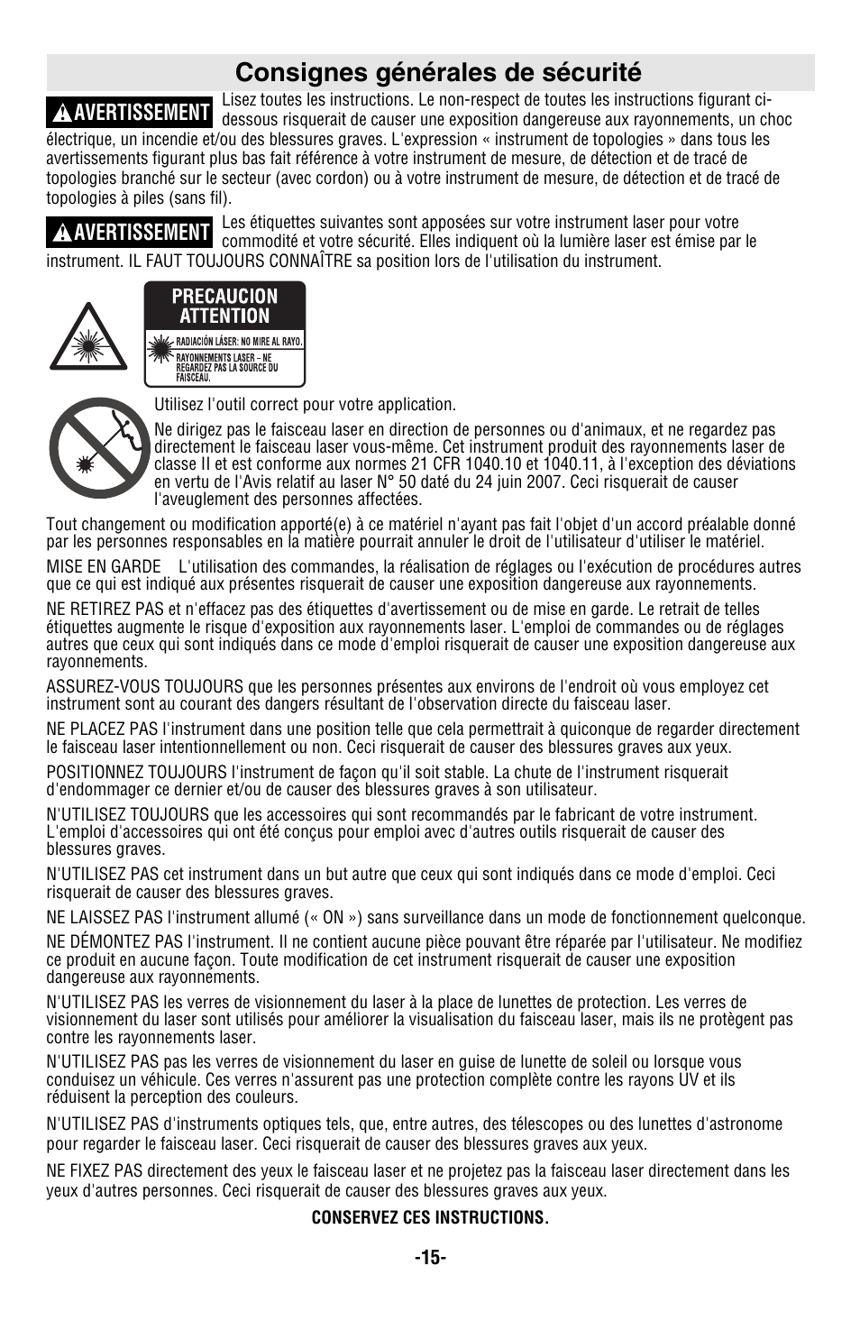 Consignes générales de sécurité, Avertissement | Bosch GPL5 User Manual | Page 15 / 36