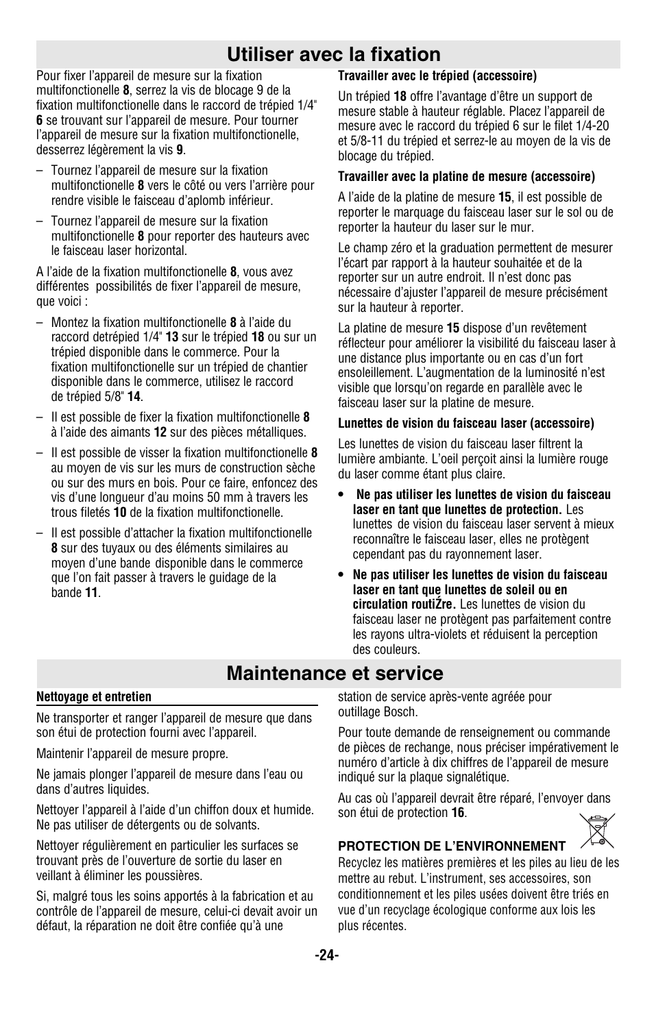 Utiliser avec la fixation maintenance et service | Bosch GPL5 User Manual | Page 24 / 36