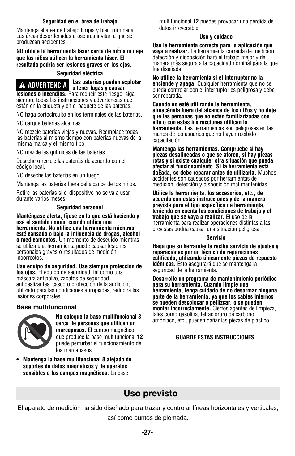 Uso previsto, Advertencia | Bosch GPL5 User Manual | Page 27 / 36