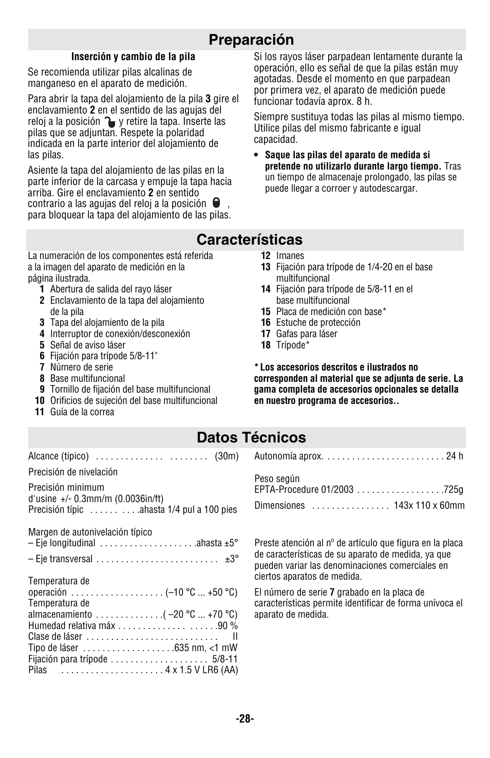 Características, Datos técnicos preparación | Bosch GPL5 User Manual | Page 28 / 36