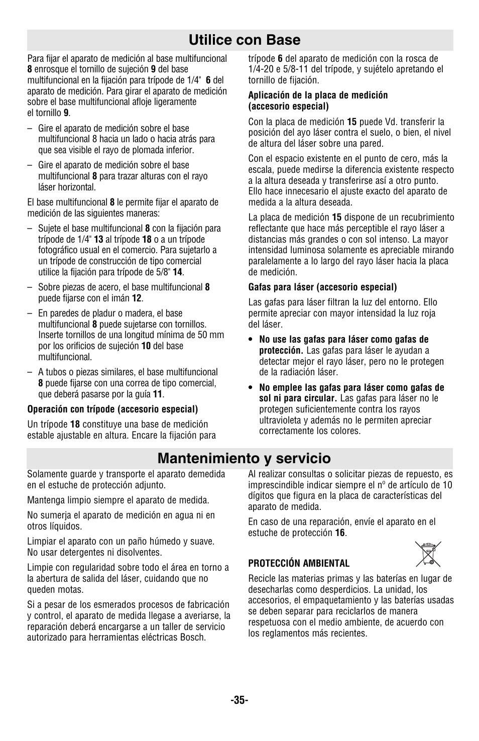 Mantenimiento y servicio utilice con base | Bosch GPL5 User Manual | Page 35 / 36