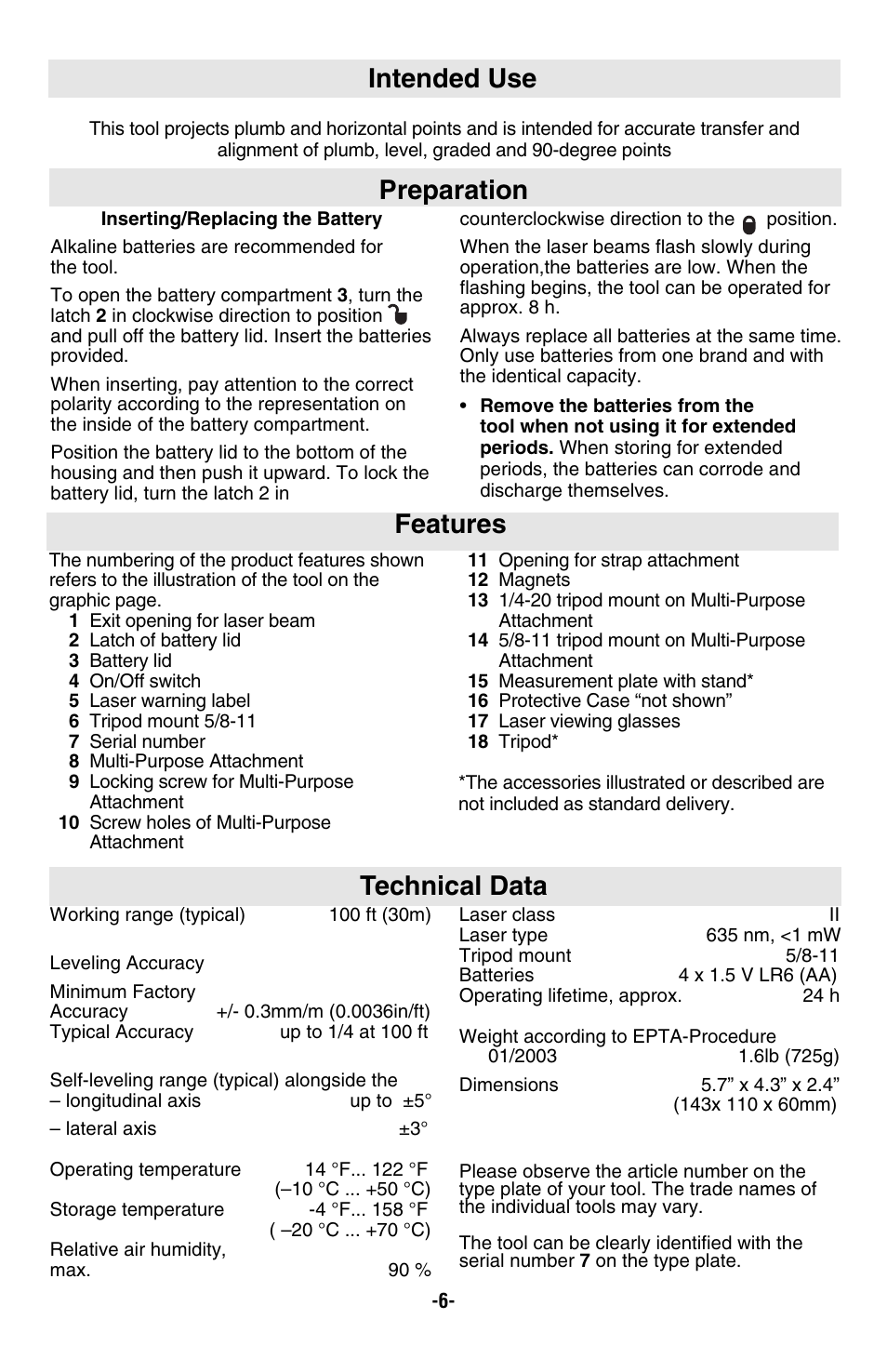 Features, Technical data preparation, Intended use | Bosch GPL5 User Manual | Page 6 / 36