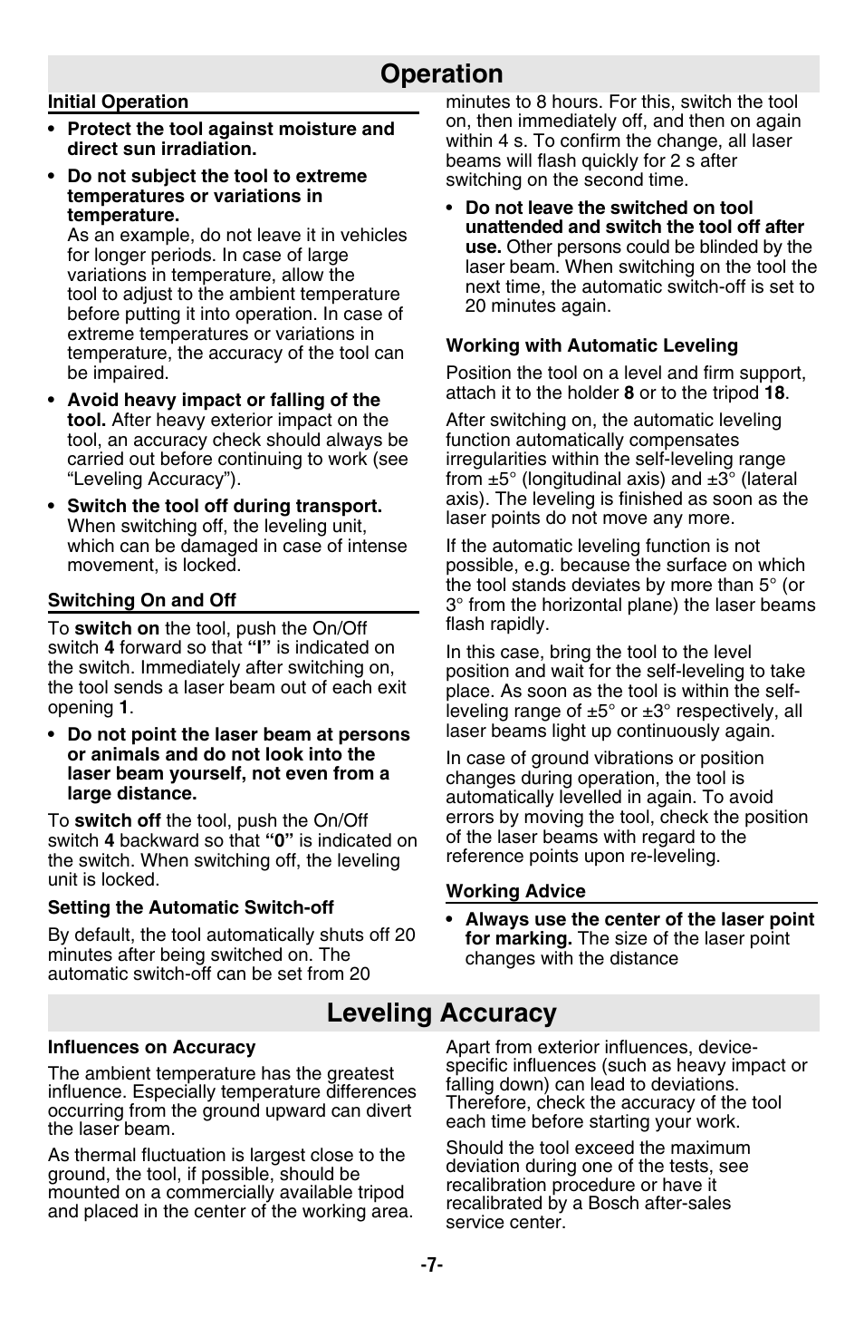 Operation leveling accuracy | Bosch GPL5 User Manual | Page 7 / 36