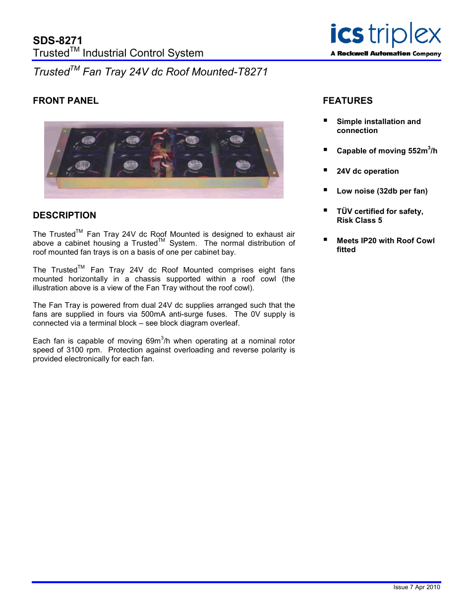 Rockwell Automation T8271 Trusted Fan Tray 24Vdc Roof Mounted User Manual | 2 pages