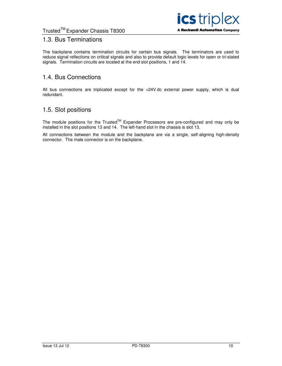 Bus terminations, Bus connections, Slot positions | Rockwell Automation T8300 Trusted Expander Chassis User Manual | Page 10 / 16