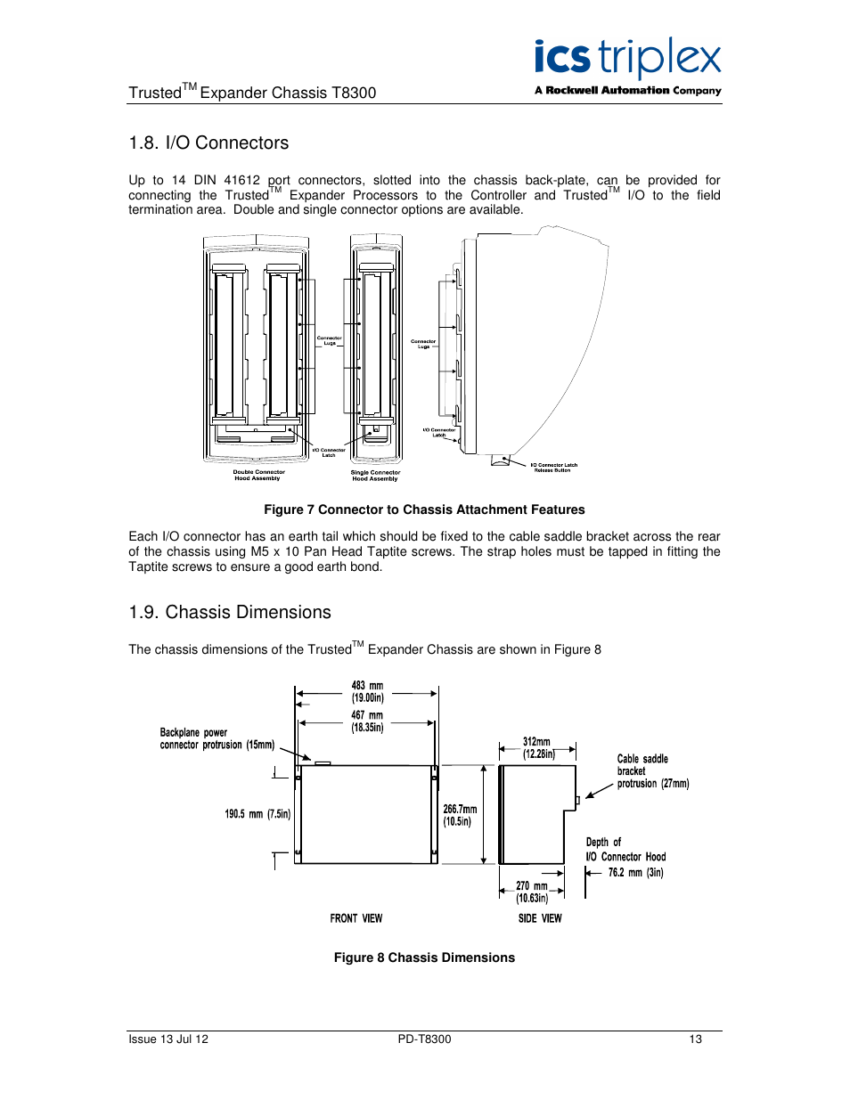 I/o connectors, Chassis dimensions | Rockwell Automation T8300 Trusted Expander Chassis User Manual | Page 13 / 16