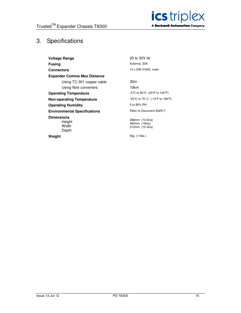 Specifications, Trusted, Expander chassis t8300 | Rockwell Automation T8300 Trusted Expander Chassis User Manual | Page 15 / 16