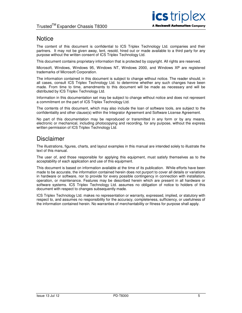 Notice, Disclaimer | Rockwell Automation T8300 Trusted Expander Chassis User Manual | Page 5 / 16