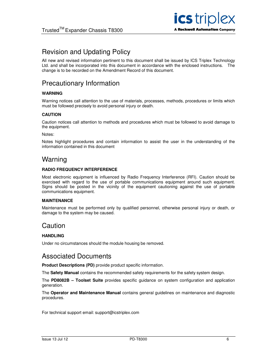 Revision and updating policy, Precautionary information, Warning | Caution, Associated documents | Rockwell Automation T8300 Trusted Expander Chassis User Manual | Page 6 / 16