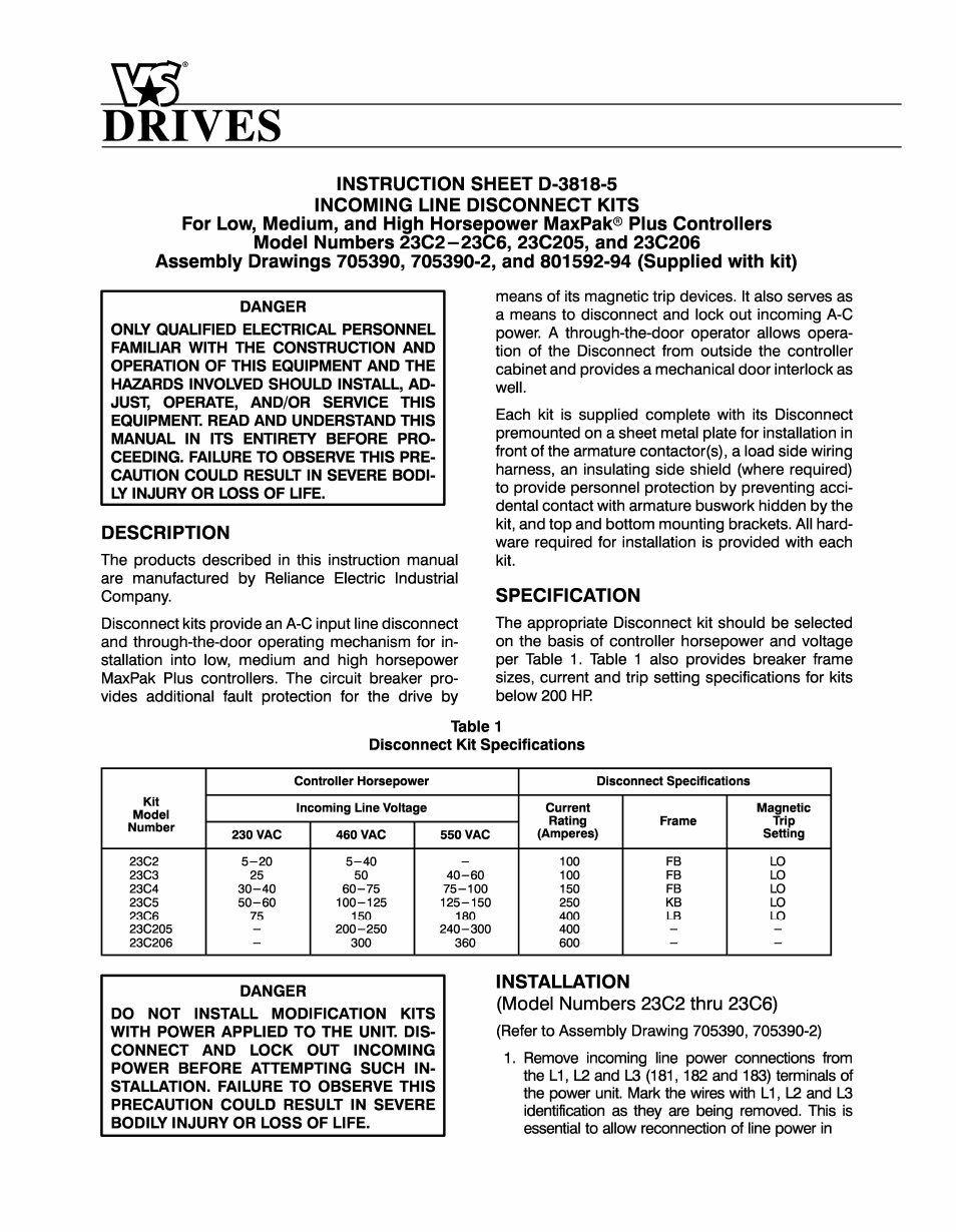 Rockwell Automation MaxPak Plus Incoming Line Disconnect 23C2-23C6, 23C205, 23C206 User Manual | 4 pages