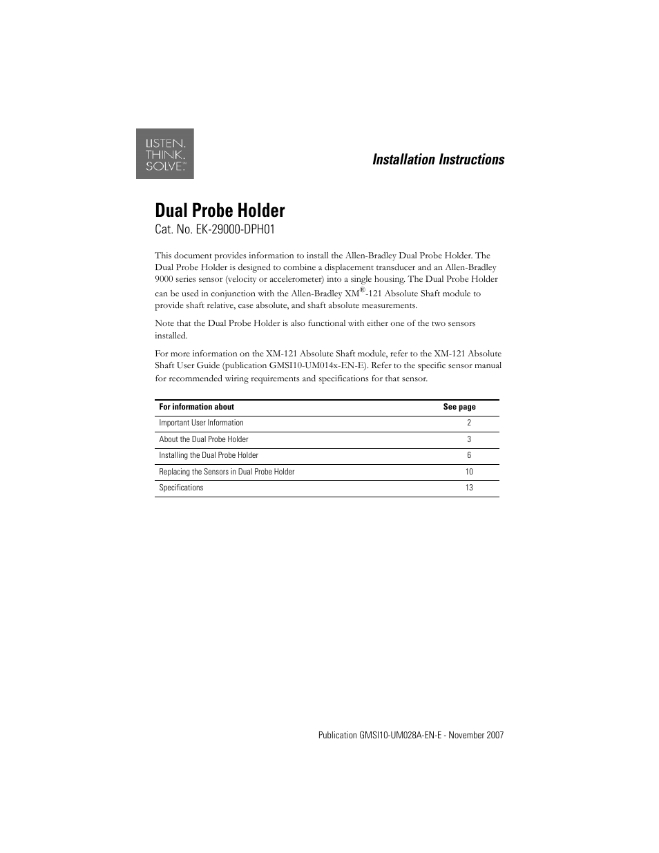 Rockwell Automation EK-29000-DPH01 Dual Probe Holder User Manual | 14 pages