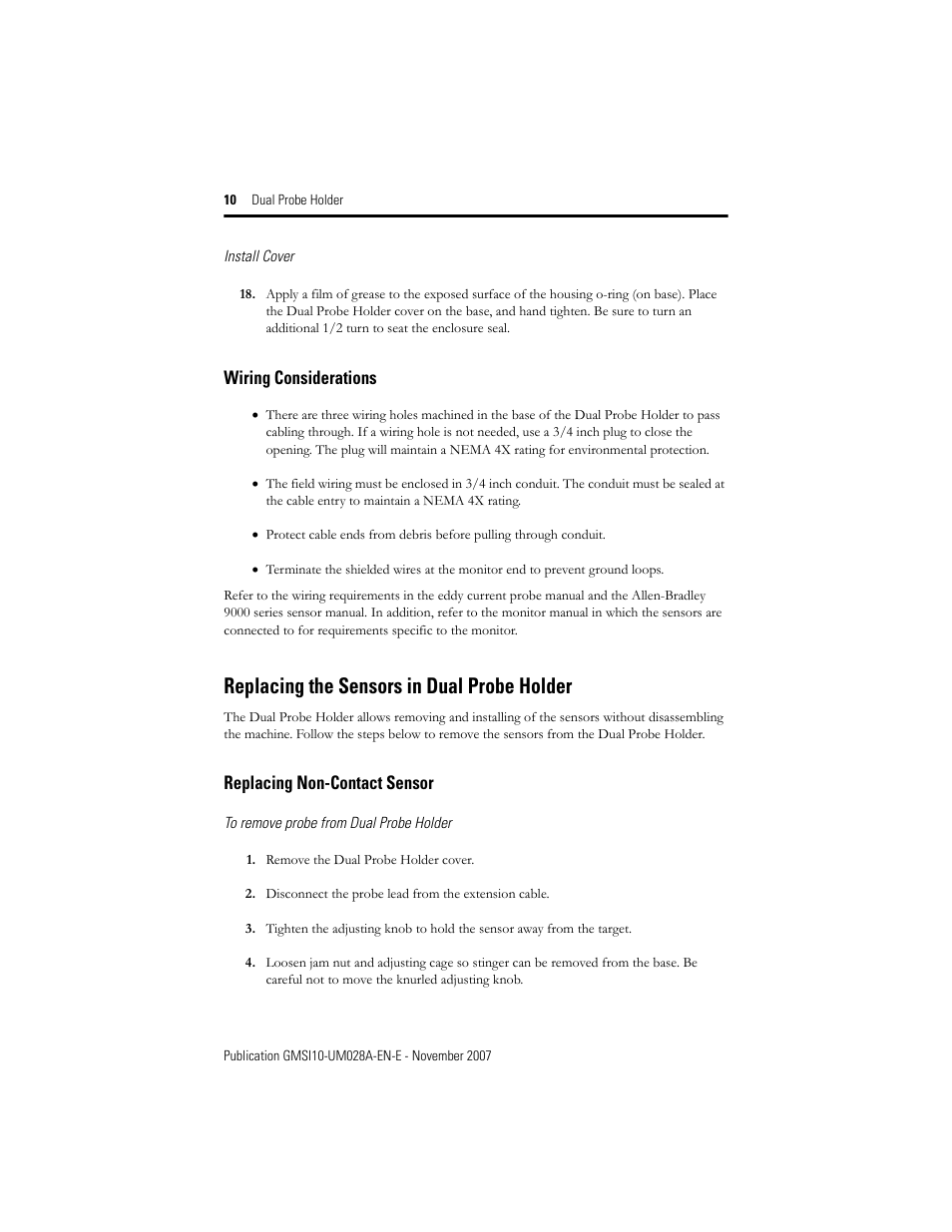 Wiring considerations, Replacing the sensors in dual probe holder, Replacing non-contact sensor | Rockwell Automation EK-29000-DPH01 Dual Probe Holder User Manual | Page 10 / 14