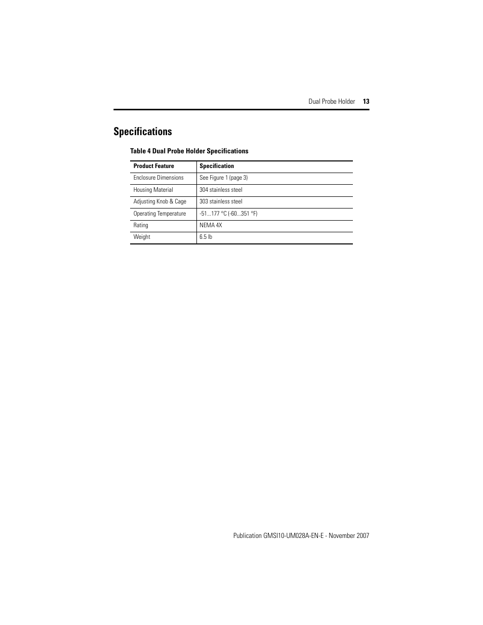 Specifications | Rockwell Automation EK-29000-DPH01 Dual Probe Holder User Manual | Page 13 / 14