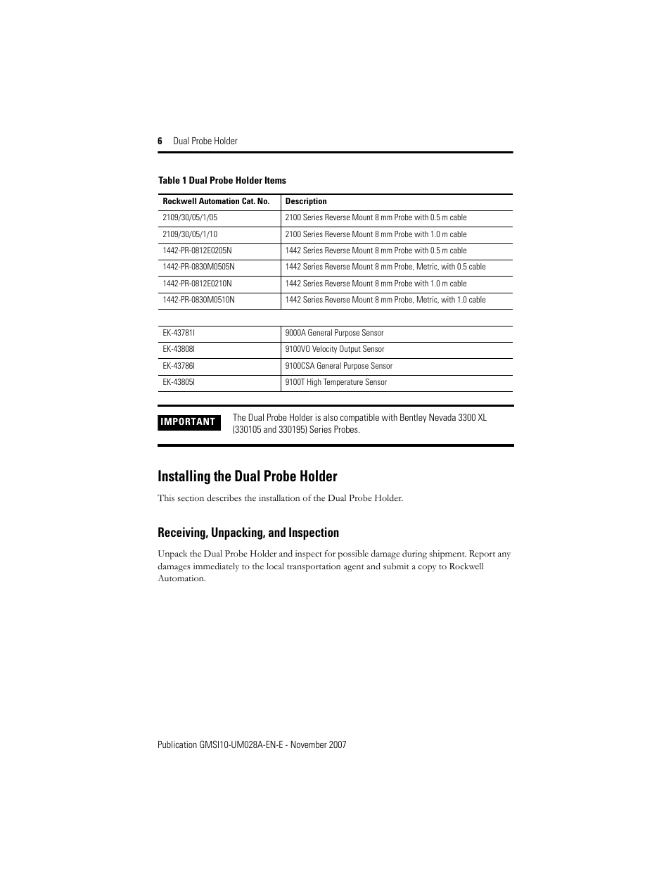 Installing the dual probe holder, Receiving, unpacking, and inspection | Rockwell Automation EK-29000-DPH01 Dual Probe Holder User Manual | Page 6 / 14